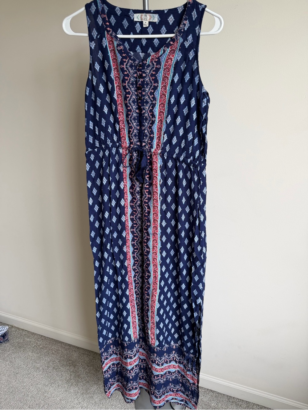 Pink Rose Navy Blue Patterned Maxi Dress with Pink Accents